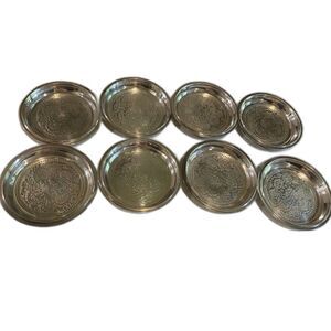 8pc Silver Plated Etched Coasters Set Round 4" Made in India Bar Table Decor